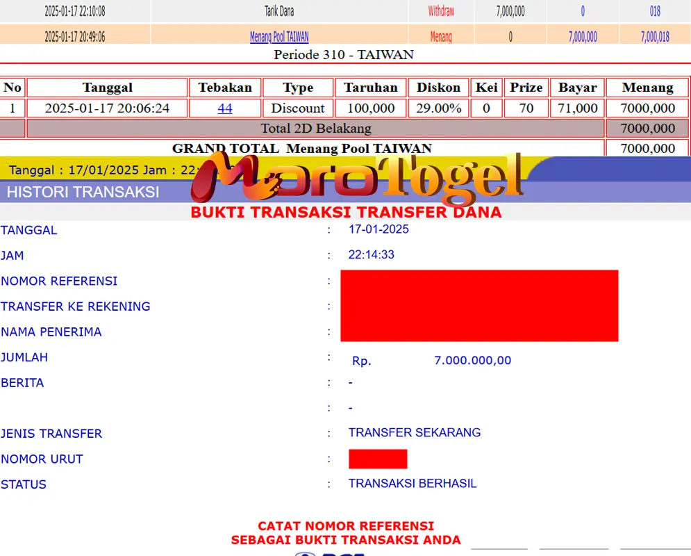 Bukti Kemenangan Permainan Togel Pasaran TAIWAN Di Situs MOROTOGEL Untuk Akun Blcxxxx