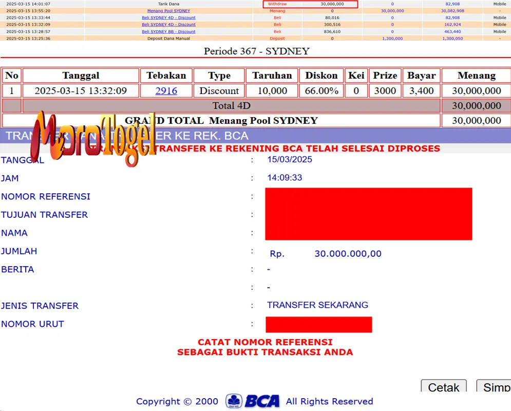 Bukti Kemenangan Permainan Togel Pasaran Sydneylotto Di Situs MOROTOGEL Untuk Akun Ukxxxx88
