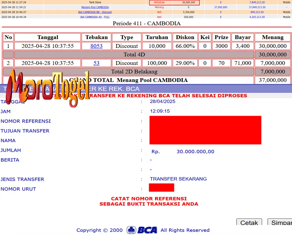 Bukti Kemenangan Permainan Togel Pasaran Cambodia Di Situs MOROTOGEL Untuk Akun Nerxxx